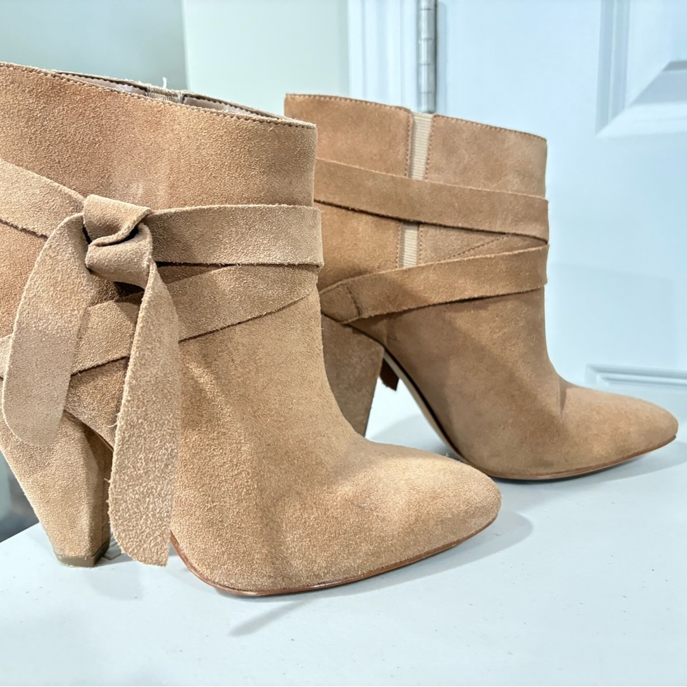 Suede Wrap-Tie Ankle Boots - Tan